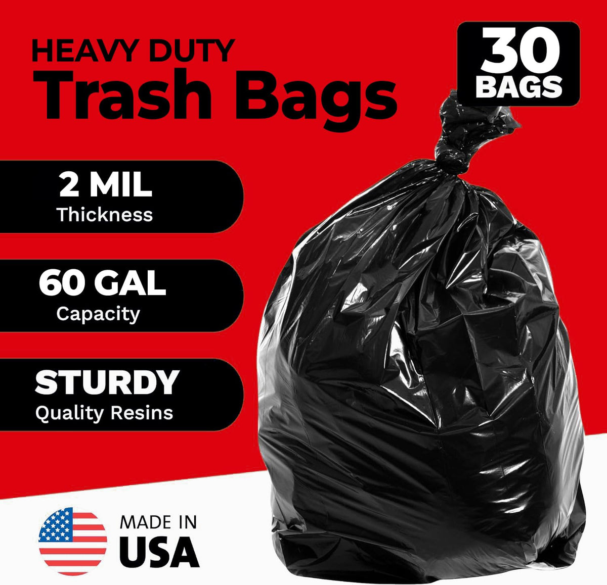 55 Gallon Trash Bags - 2.0 Mil - 30/Case - Black