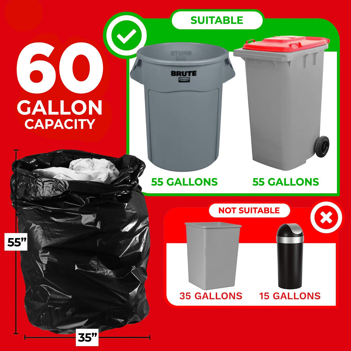 55 Gallon Trash Bags - 2.0 Mil - 30/Case - Black