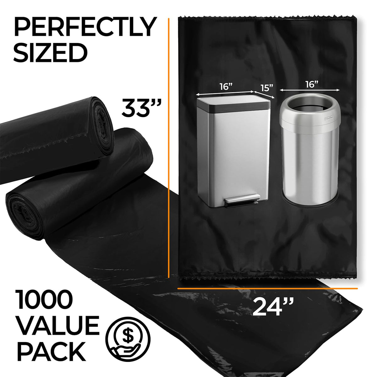 Bolsas de alta densidad de 13 galones - 8 micras - 1000/caja - Negras