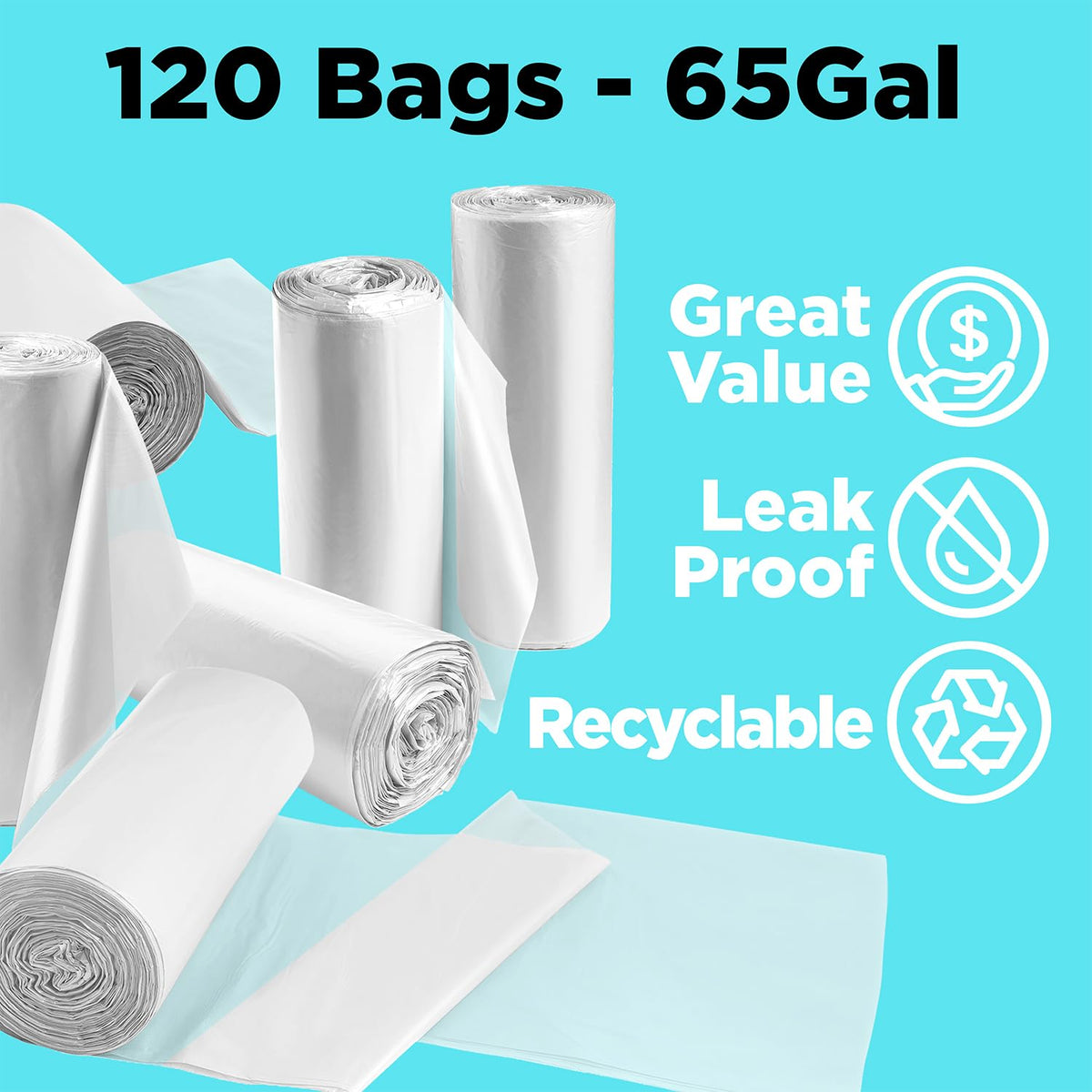 65 Gallon High Density Bags - 19 Micron - 120/Case - Clear - view 3