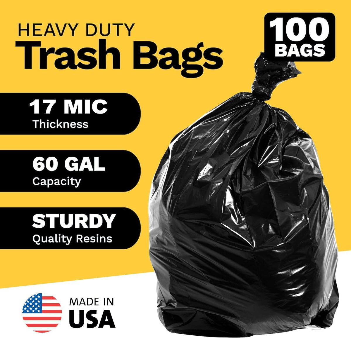 55-60 Gallon High Density Bags - 17 Micron - 100/Case - Black