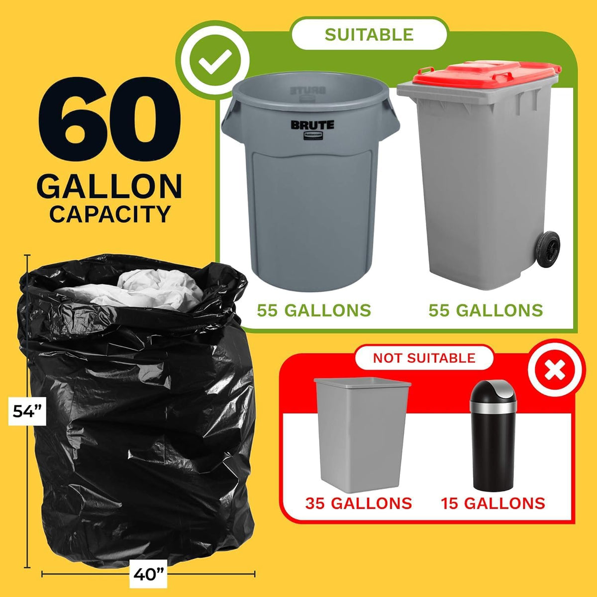 55-60 Gallon High Density Bags - 17 Micron - 100/Case - Black