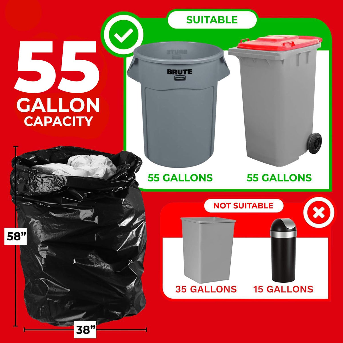 Bolsas de contratista de 55-60 galones - 2.5 mil - 32/caja - Negras