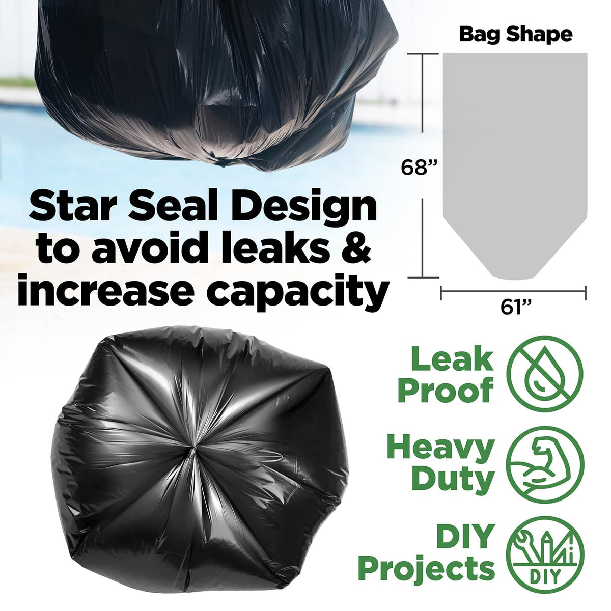 Bolsas de basura de 95-96 galones - 1.2 mil - 50/caja - Negras