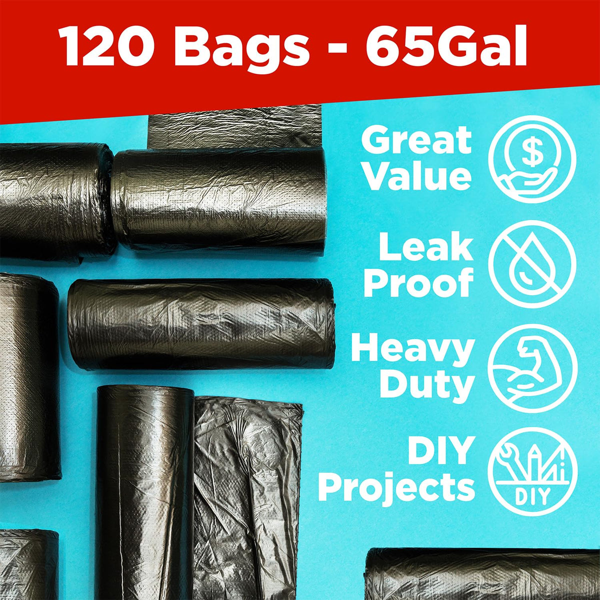 65 Gallon High Density Bags - 19 Micron - 120/Case - Black