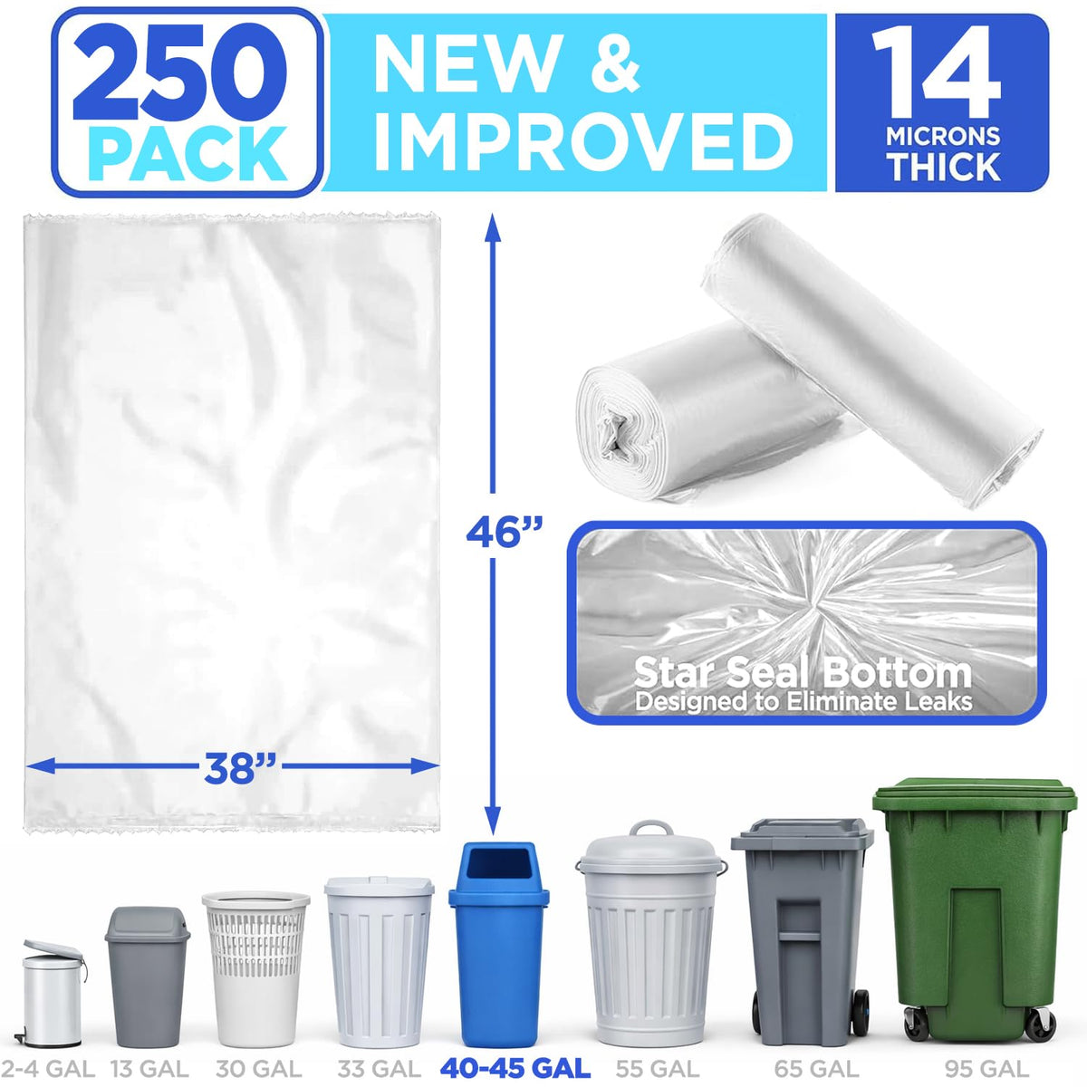 40-45 Gallon High Density Bags - 14 Micron - 250/Case - Clear