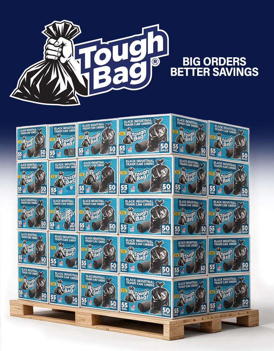 Pallet of ToughBag 55 gallon trash bag cases – Big orders, better savings